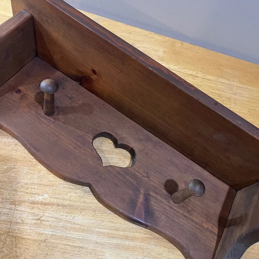 Vtg Rustic Wood Wall Shelf Heart Cutout 2 Pegs Dark Brown Stained 16in